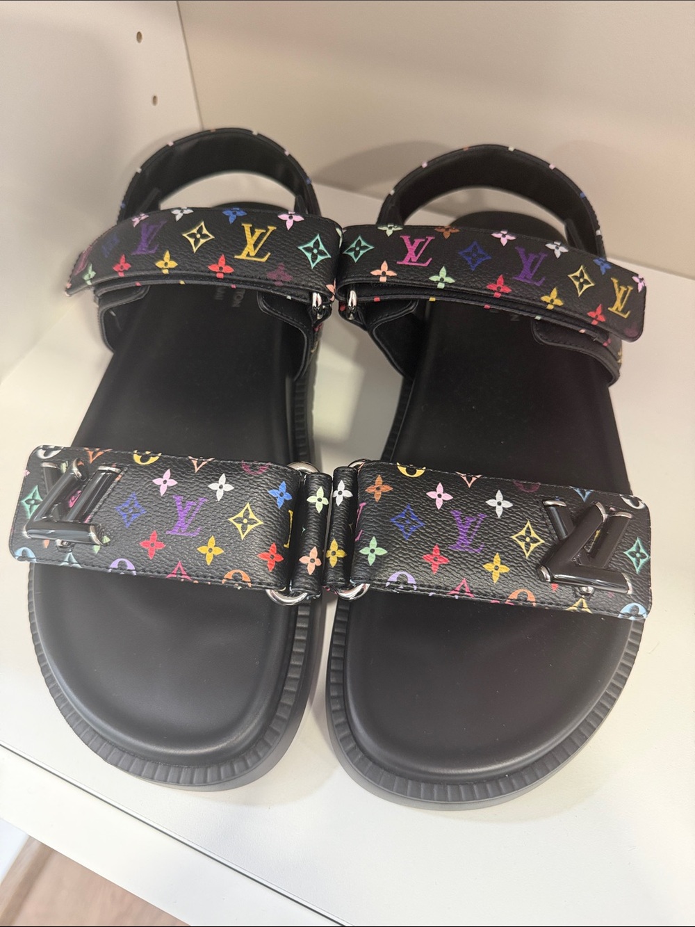 Never worn Louis Vuitton Murakami Black Multicolor Monogram Strap Sandals